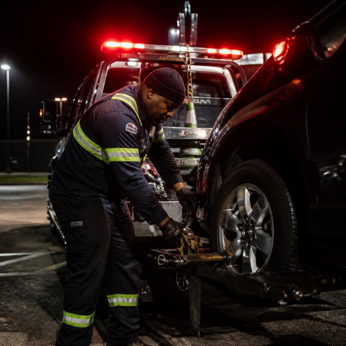 Professional tow operator hooking up a vehicle
